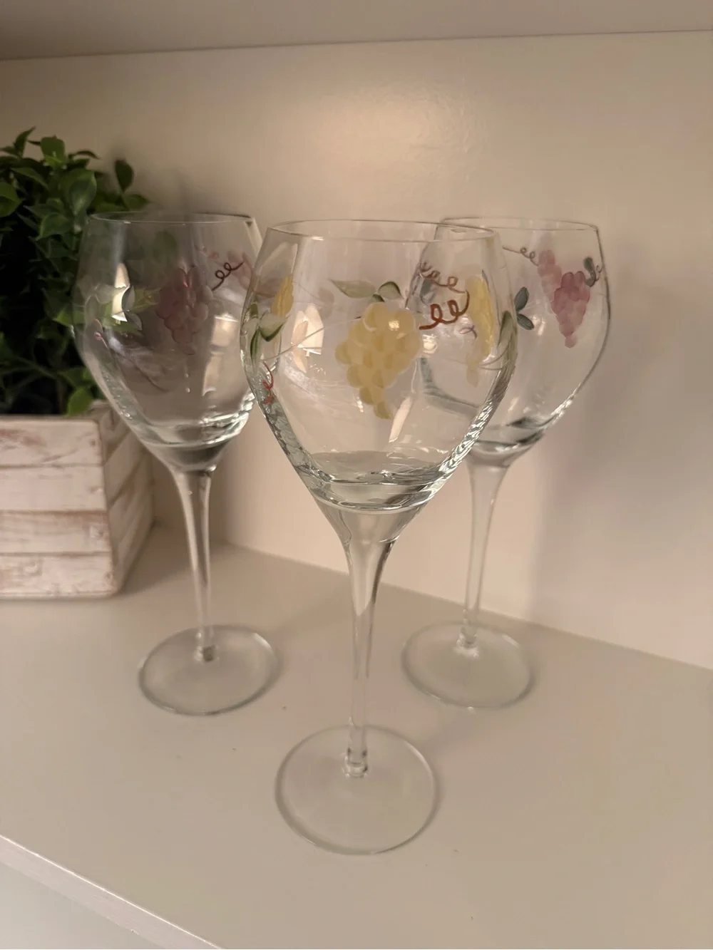Hand Painted Grape Vine Wine Glasses Set of 3 Floral Vineyard 9” Goblets